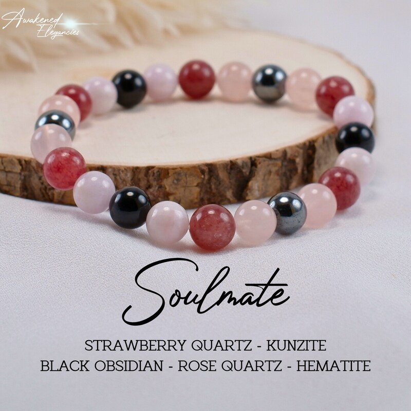 Soulmate Bracelet, 8MM Beads, Attract Love, Self Love, Manifest Love, Strawberry Quartz, Rose Quartz, Kunzite, Black Obsidian, Hematite